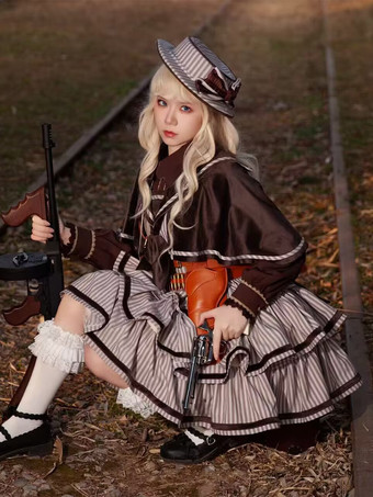 クラシカ ロリータ ドレス ポリエステル フリル ノースリーブ ロリータ ドレス ストライプ ディープブラウン JSK