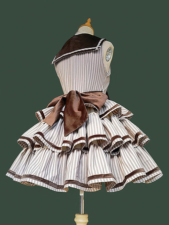 クラシカ ロリータ ドレス ポリエステル フリル ノースリーブ ロリータ ドレス ストライプ ディープブラウン JSK