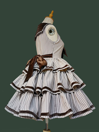 クラシカ ロリータ ドレス ポリエステル フリル ノースリーブ ロリータ ドレス ストライプ ディープブラウン JSK