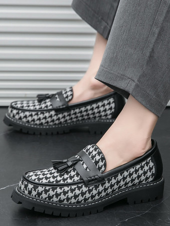 メンズ タッセルローファー プラットフォーム プラスサイズ グリッド スリッポン PU ローファー シューズ 結婚式 プロム用