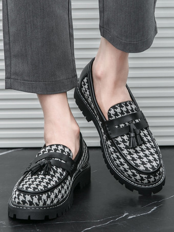 メンズ タッセルローファー プラットフォーム プラスサイズ グリッド スリッポン PU ローファー シューズ 結婚式 プロム用