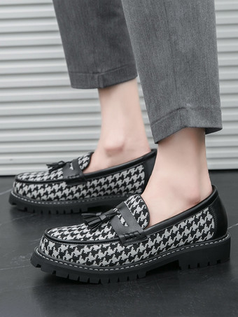 メンズ タッセルローファー プラットフォーム プラスサイズ グリッド スリッポン PU ローファー シューズ 結婚式 プロム用