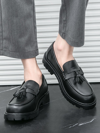 メンズ タッセルローファー プラットフォーム プラスサイズ グリッド スリッポン PU ローファー シューズ 結婚式 プロム用