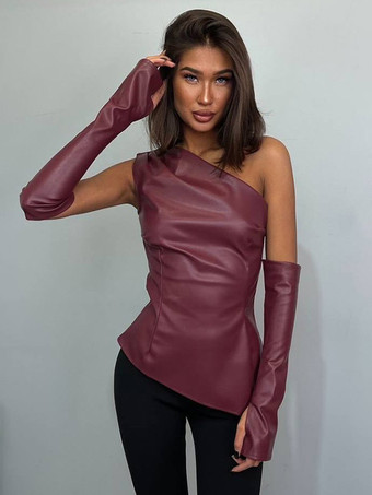 ワインレッド ワンショルダーフェイクレザートップスと手袋、セクシーな黒のクラブウェア、女性用 2025