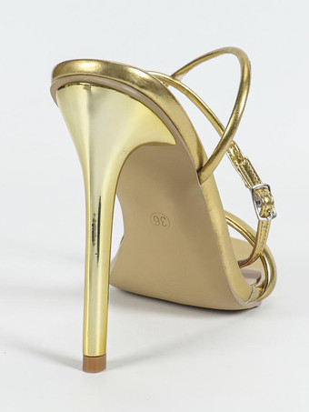 Sandalias doradas de tacón alto con punta abierta y tiras en el tobillo para fiesta