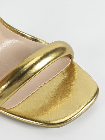 Sandalias doradas de tacón alto con punta abierta y tiras en el tobillo para fiesta