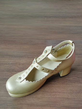 ゴールド ゴシックロリータフットウェア ラベンダーリベット PUレザー チャンキーヒール ロリータパンプス