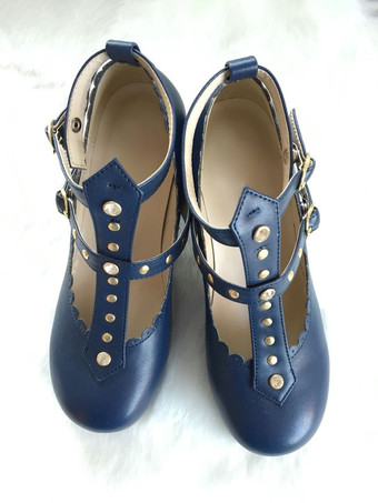 ブルー ゴシックロリータフットウェア ラベンダーリベット PUレザー チャンキーヒール ロリータパンプス