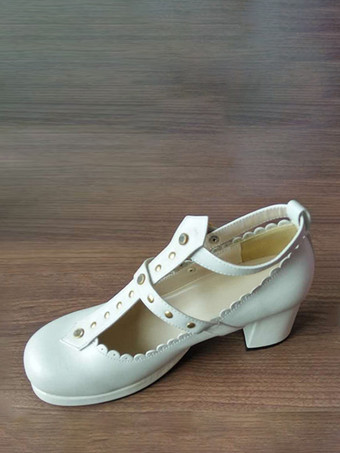 アイボリー ゴシックロリータフットウェア ラベンダーリベット PUレザー チャンキーヒール ロリータパンプス