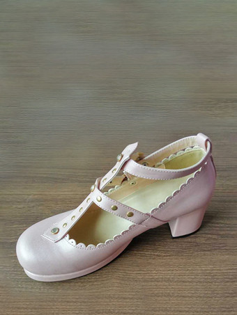 ラベンダーカラーゴシックロリータフットウェア ラベンダーリベット PUレザー チャンキーヒール ロリータパンプス