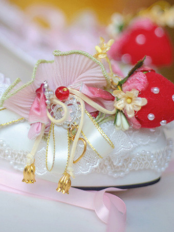 スイートロリータ ストロベリーフットウェア エクリュホワイト フリル チェーン リボン チャンキーヒール ロリータパンプス