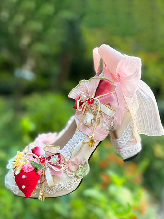 スイートロリータ ストロベリーフットウェア エクリュホワイト フリル チェーン リボン チャンキーヒール ロリータパンプス