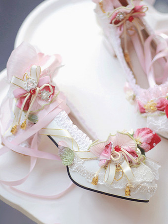 スイートロリータ ストロベリーフットウェア エクリュホワイト フリル チェーン リボン チャンキーヒール ロリータパンプス