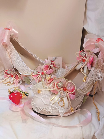 スイートロリータ ストロベリーフットウェア エクリュホワイト フリル チェーン リボン チャンキーヒール ロリータパンプス