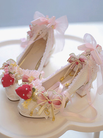 アイボリー スイートロリータ ストロベリーフットウェア エクリュホワイト フリル チェーン リボン チャンキーヒール ロリータパンプス