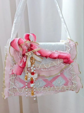 田園風ロリータバッグ ピンク ポリエステル フリル チェーン オンブレ ハンドバッグ ロリータ アクセサリー