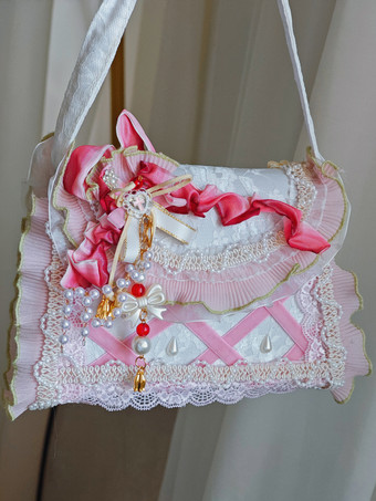 田園風ロリータバッグ ピンク ポリエステル フリル チェーン オンブレ ハンドバッグ ロリータ アクセサリー