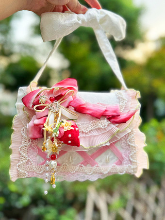 田園風ロリータバッグ ピンク ポリエステル フリル チェーン オンブレ ハンドバッグ ロリータ アクセサリー