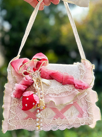 田園風ロリータバッグ ピンク ポリエステル フリル チェーン オンブレ ハンドバッグ ロリータ アクセサリー