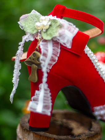 スイートロリータフットウェア レッドパール レース フリル チャンキーヒール ロリータシューズ