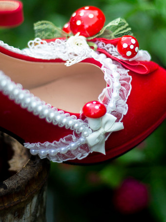 スイートロリータフットウェア レッドパール レース フリル チャンキーヒール ロリータシューズ