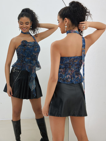 チョーカー付きフローラルプリントトップス ブルー フリル チューブトップ レディース 2025