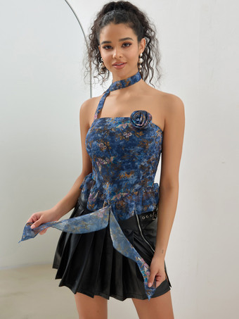 チョーカー付きフローラルプリントトップス ブルー フリル チューブトップ レディース 2025