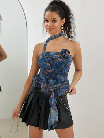 チョーカー付きフローラルプリントトップス ブルー フリル チューブトップ レディース 2025