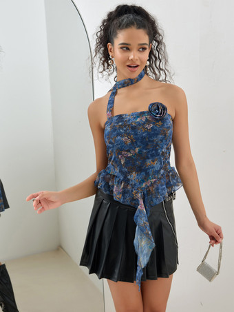 チョーカー付きフローラルプリントトップス ブルー フリル チューブトップ レディース 2025