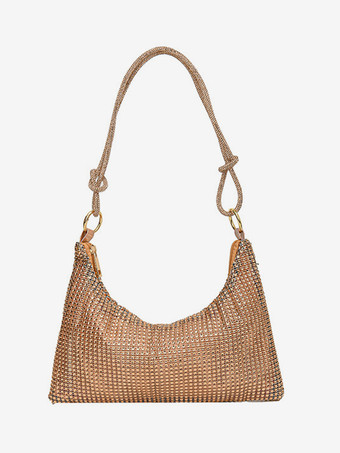 シャンパンカラーラインストーンショルダーバッグ 光沢のあるハンドバッグ 女性用 2025