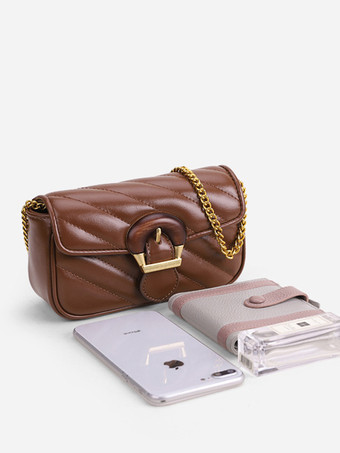 ブラウンチェーン付きクロスボディバッグ スクエアフラップバッグ レディース 2025
