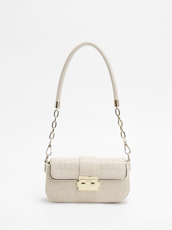 アイボリー クロコダイル柄ショルダーバッグスクエアフェイクレザーフラップバッグレディース2025