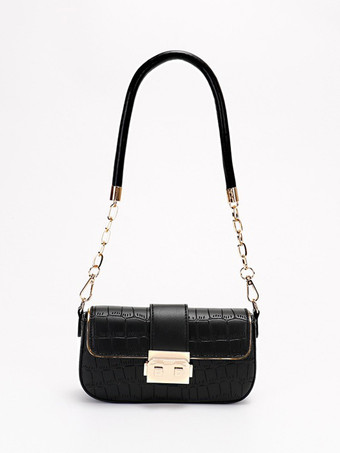 ブラック クロコダイル柄ショルダーバッグスクエアフェイクレザーフラップバッグレディース2025