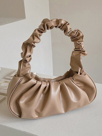 カーキ プリーツクラウドバッグ フェイクレザーハンドバッグ レディース 2025