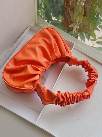 オレンジ プリーツクラウドバッグ フェイクレザーハンドバッグ レディース 2025