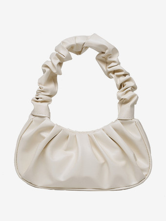 ホワイト プリーツクラウドバッグ フェイクレザーハンドバッグ レディース 2025