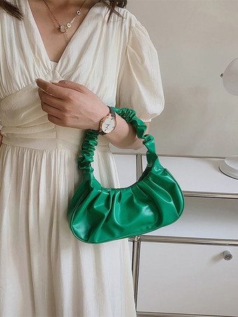 グリーン プリーツクラウドバッグ フェイクレザーハンドバッグ レディース 2025