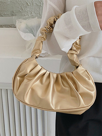 ゴールド プリーツクラウドバッグ フェイクレザーハンドバッグ レディース 2025