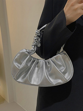 シルバー プリーツクラウドバッグ フェイクレザーハンドバッグ レディース 2025