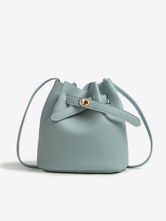 ライトスカイブルーフェイクレザー バケットバッグ 巾着 クロスボディバッグ レディース 2025