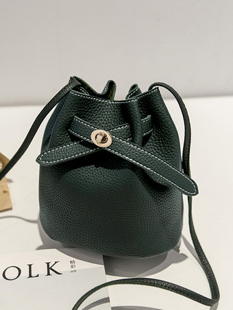 ダークグリーンフェイクレザー バケットバッグ 巾着 クロスボディバッグ レディース 2025