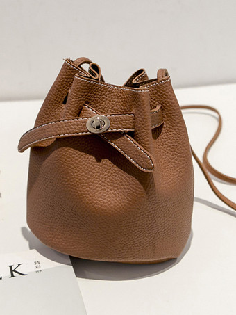 ブラウンフェイクレザー バケットバッグ 巾着 クロスボディバッグ レディース 2025