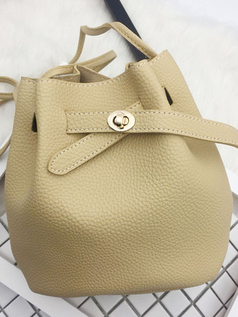 ベージュフェイクレザー バケットバッグ 巾着 クロスボディバッグ レディース 2025