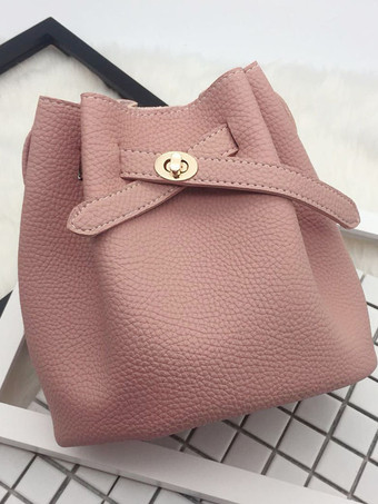 ピンクフェイクレザー バケットバッグ 巾着 クロスボディバッグ レディース 2025