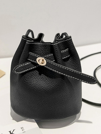 ブラック フェイクレザー バケットバッグ 巾着 クロスボディバッグ レディース 2025