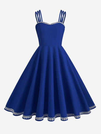 ブルー エレガントなヴィンテージドレス ノースリーブ 1950 年代 オードリー ヘプバーン スタイル A ライン ミディドレス レディース 2026