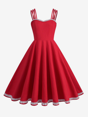 レッド エレガントなヴィンテージドレス ノースリーブ 1950 年代 オードリー ヘプバーン スタイル A ライン ミディドレス レディース 2026