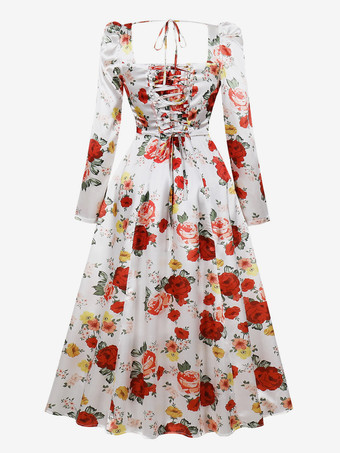 フローラル ヴィンテージ ドレス 1950 年代 オードリー ヘップバーン スタイル スクエア ネック A ライン ロング ドレス レディース 2025