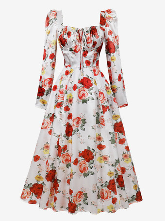 ホワイト フローラル ヴィンテージ ドレス 1950 年代 オードリー ヘップバーン スタイル スクエア ネック A ライン ロング ドレス レディース 2025