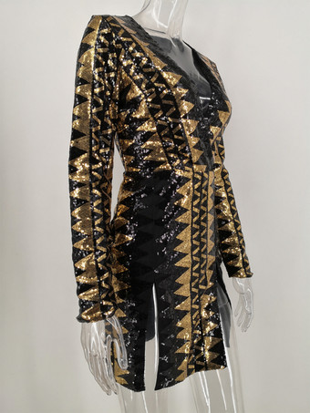 幾何学模様のスパンコールミニドレス、深いVネック、長袖、セクシーなスリットドレス、女性用 2025